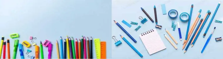 Material escolar y de papelería: lápices de colores, bolígrafos y accesorios