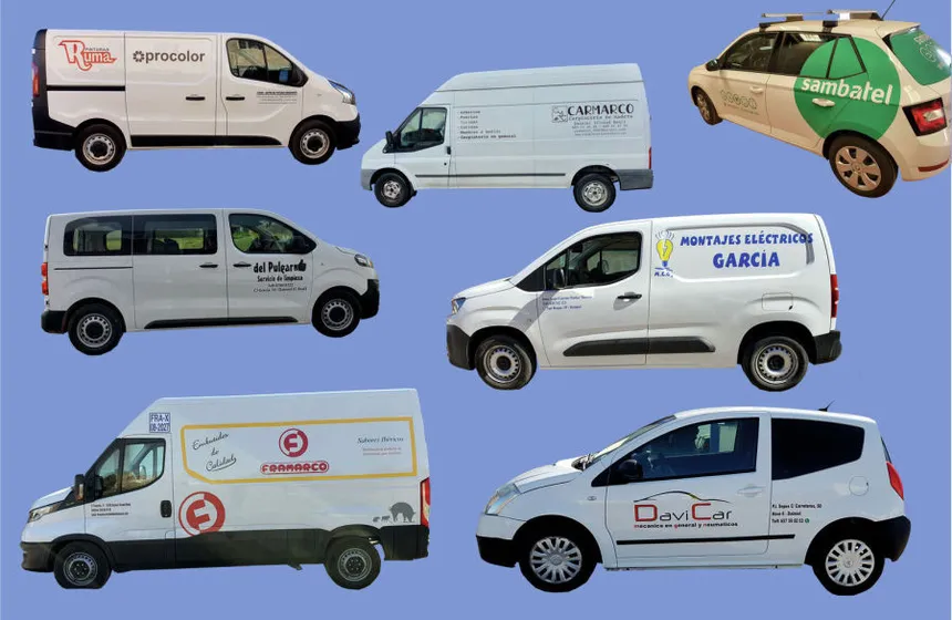 Siete furgonetas y coches comerciales rotulados por Mundimática para negocios de la zona